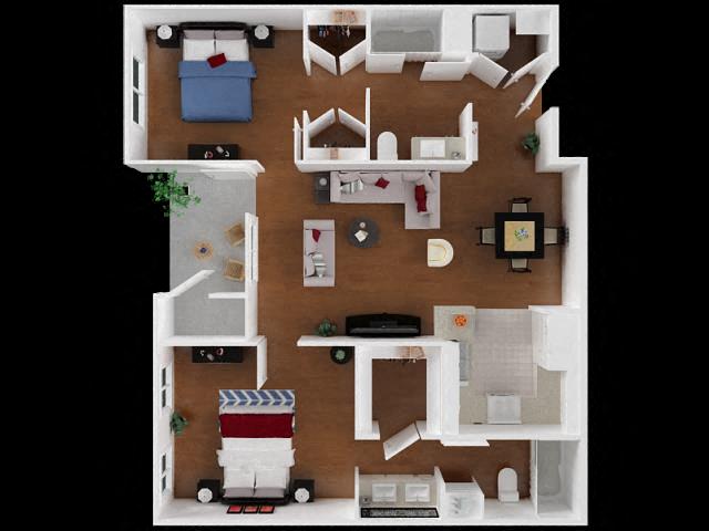 Floor plan for 2 beds, 2 baths, 1024 sqft