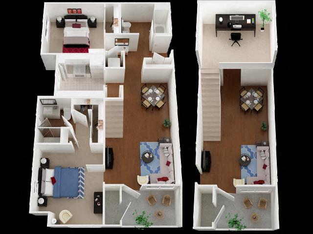 Floor plan for 2 beds, 2 baths, 1064 sqft