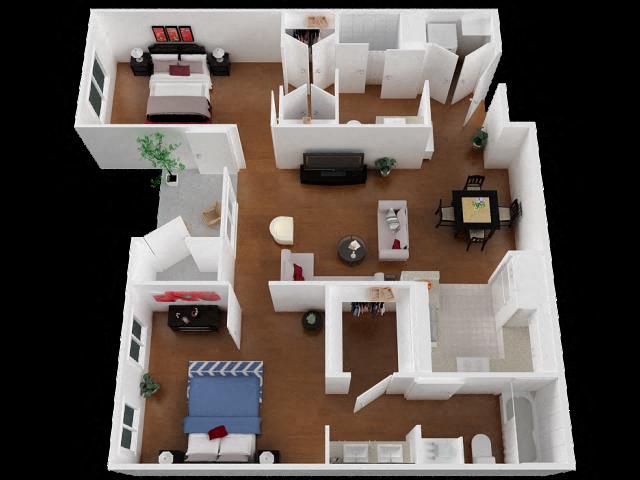 Floor plan for 2 beds, 2 baths, 1057 sqft