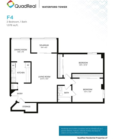 Floor plan for 2 beds, 1 bath, 1078 sqft