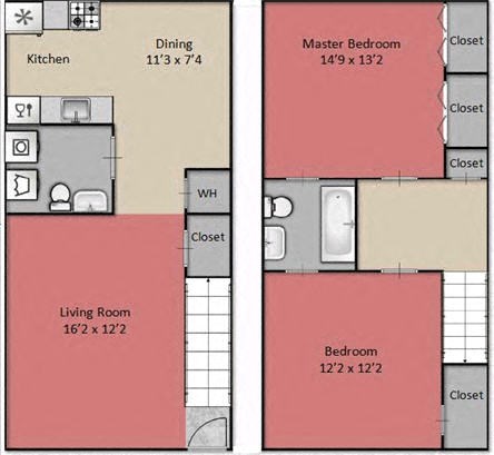Floor plan for 2 beds, 1.5 baths, 1100 sqft