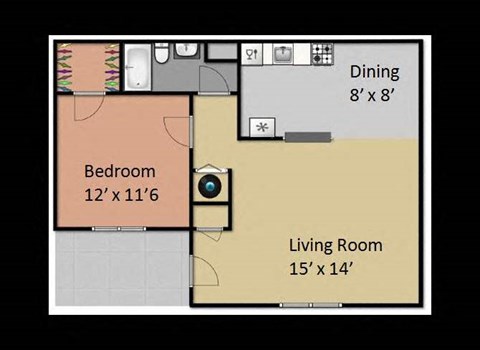Floor plan for 1 bed, 1 bath, 850 sqft