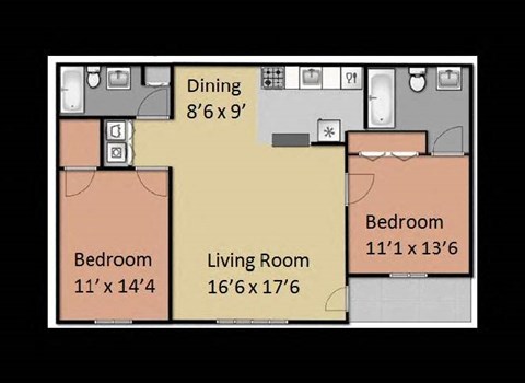 Floor plan for 2 beds, 2 baths, 1000 sqft
