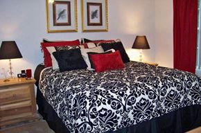 Charleston apartment for rent - a bedroom with a black and white bed and two lamps