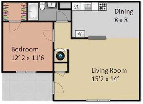 Floor plan for 1 bed, 1 bath, 850 sqft