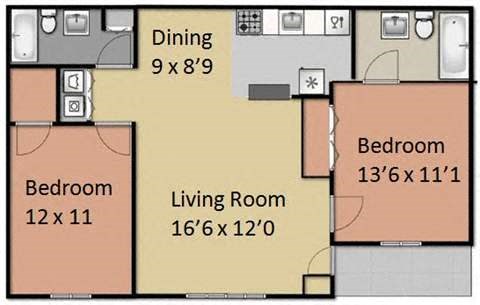 Floor plan for 2 beds, 2 baths, 1000 sqft