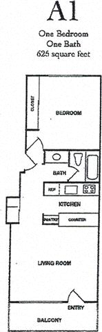 Floor plan for 1 bed, 1 bath, 625 sqft