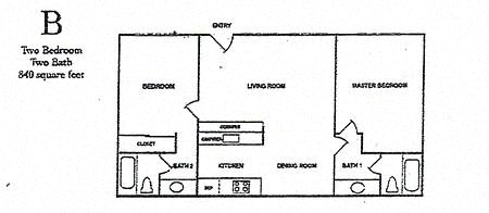 Floor plan for 2 beds, 2 baths, 854 sqft