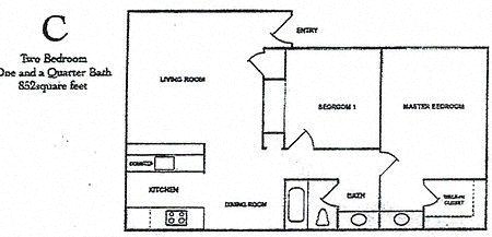 Floor plan for 2 beds, 1.3 baths, 864 sqft