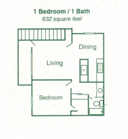 Floor plan for 1 bed, 1 bath, 632 sqft