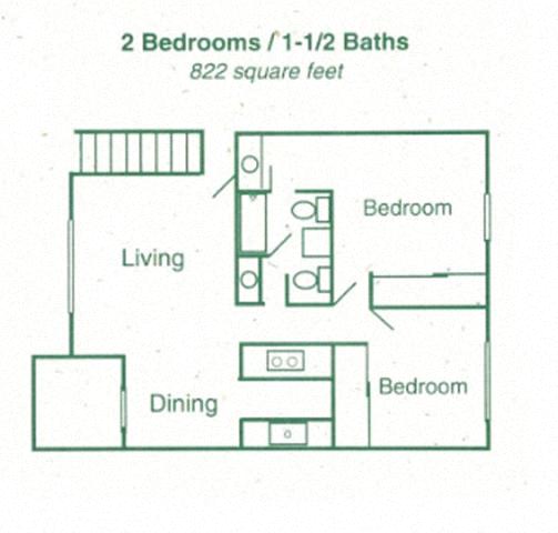 Floor plan for 2 beds, 1.5 baths, 822 sqft