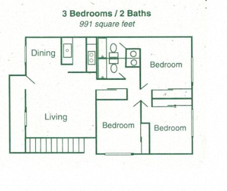 Floor plan for 3 beds, 2 baths, 991 sqft
