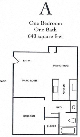 Floor plan for 1 bed, 1 bath, 640 sqft