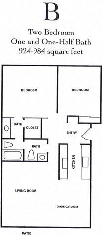 Floor plan for 2 beds, 1.5 baths, 924 sqft