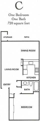 Floor plan for 1 bed, 1 bath, 720 sqft
