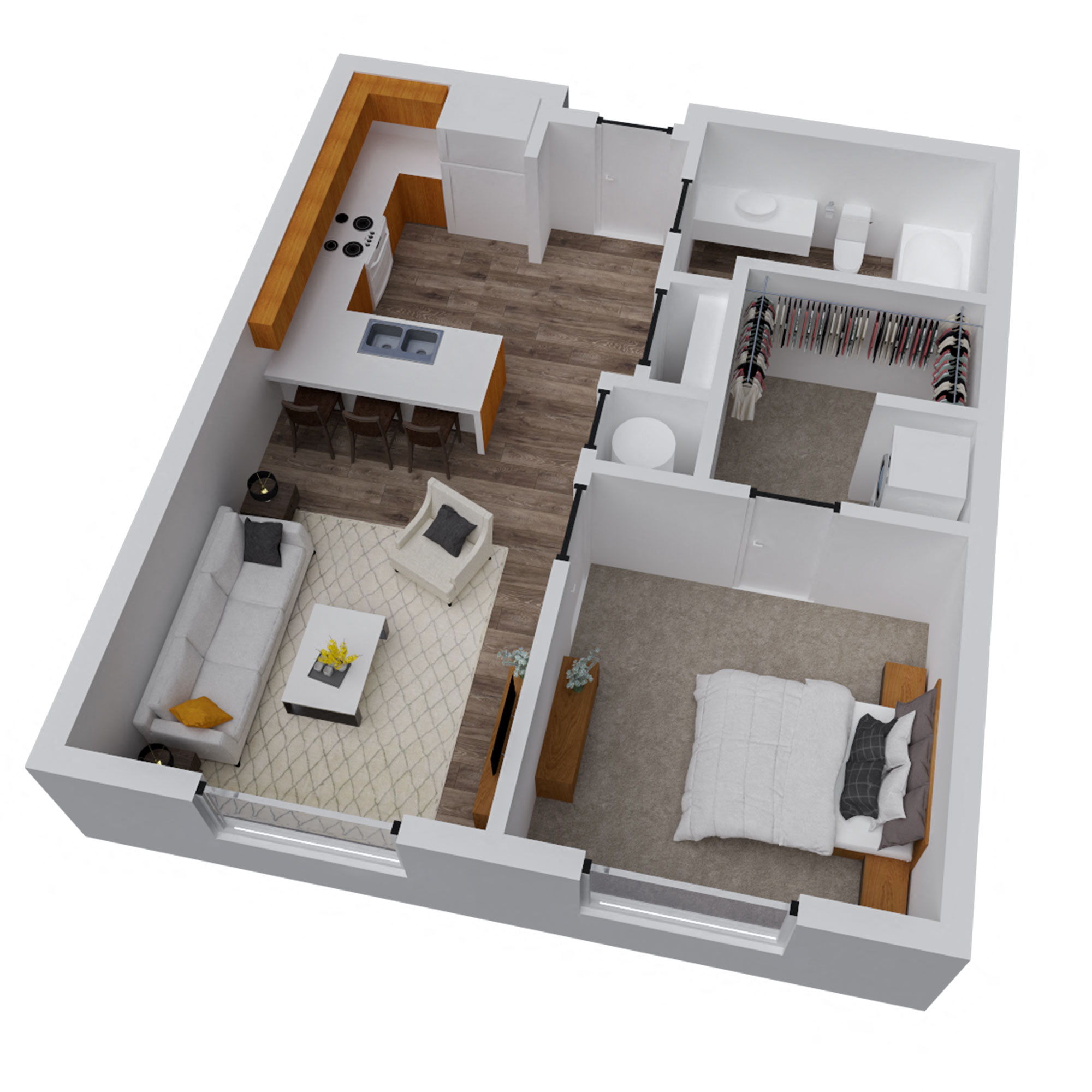 Floor plan for 1 bed, 1 bath, 630 sqft