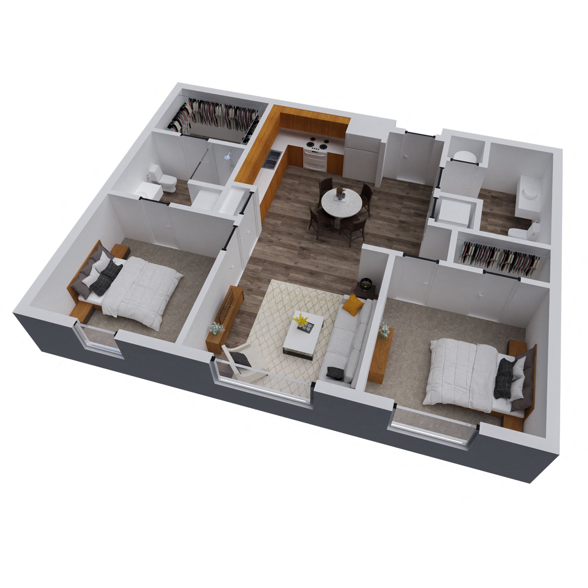 Floor plan for 2 beds, 2 baths, 830 sqft