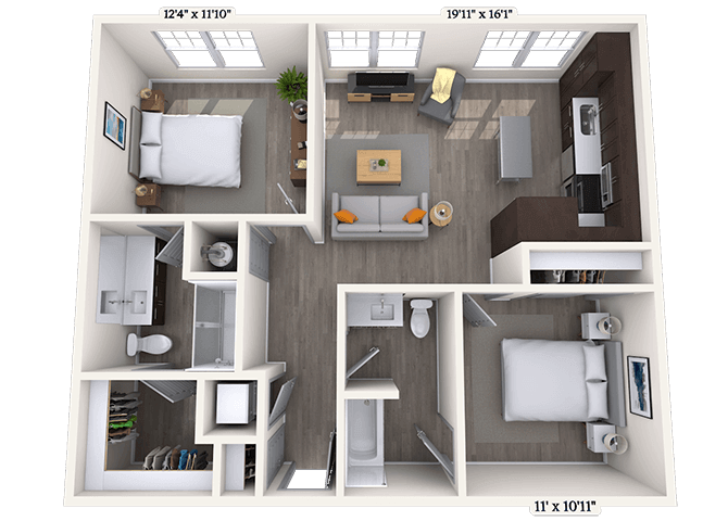 Floor plan for 2 beds, 2 baths, 947 sqft