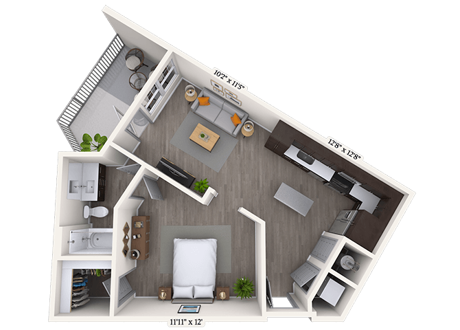 Floor plan for 1 bed, 1 bath, 768 sqft
