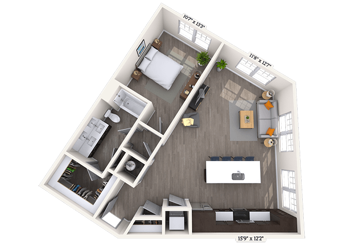 Floor plan for 1 bed, 1 bath, 855 sqft