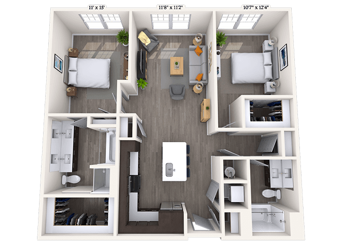 Floor plan for 2 beds, 2 baths, 1107 sqft