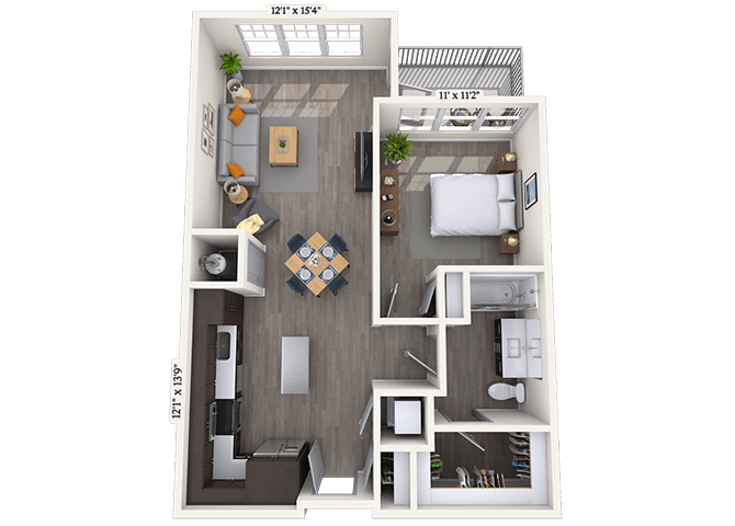 Floor plan for 1 bed, 1 bath, 747 sqft