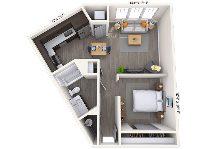 Floor plan for 1 bed, 1 bath, 655 sqft