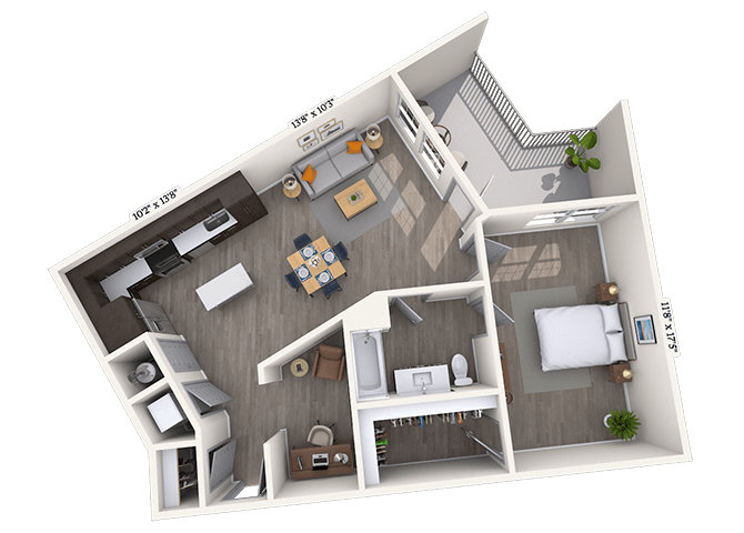 Floor plan for 1 bed, 1 bath, 923 sqft