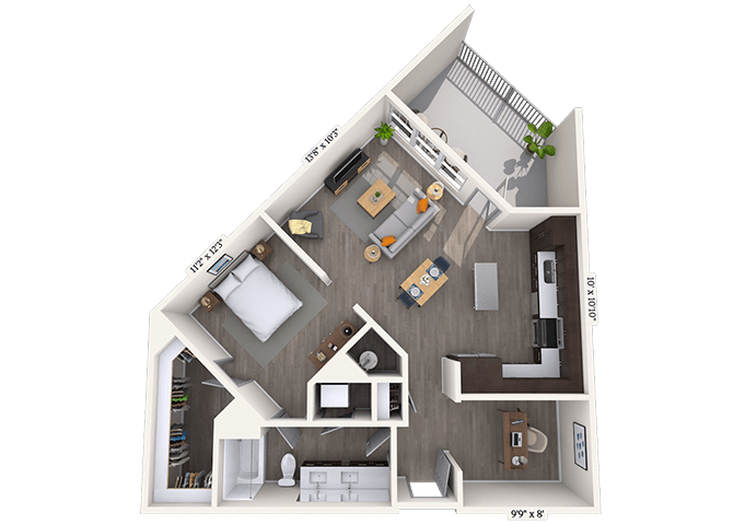 Floor plan for 1 bed, 1 bath, 865 sqft