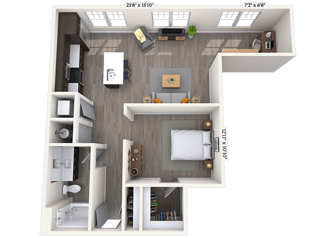 Floor plan for 1 bed, 1 bath, 835 sqft