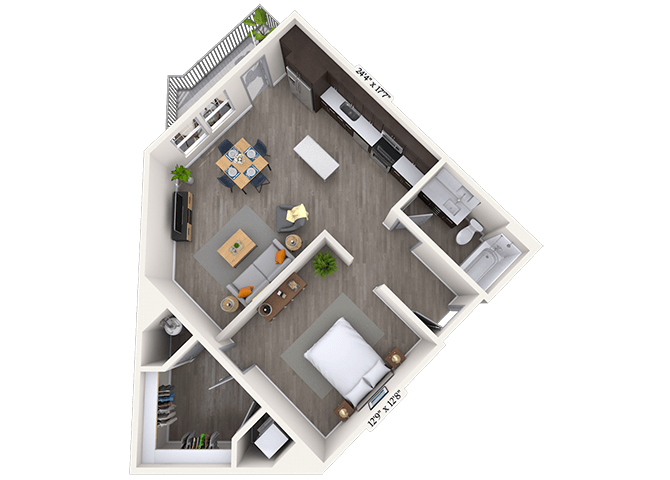 Floor plan for 1 bed, 1 bath, 773 sqft