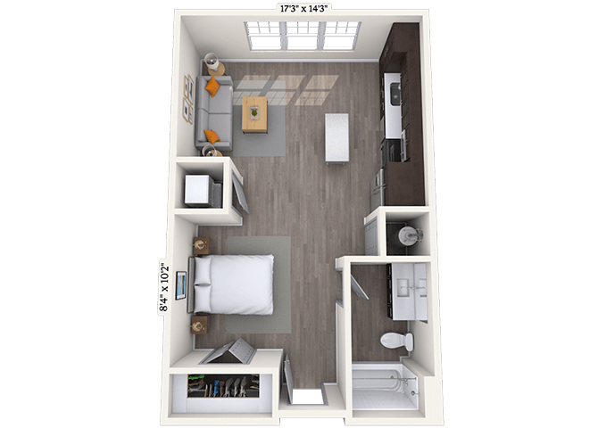 Floor plan for studio, 1 bath, 559 sqft