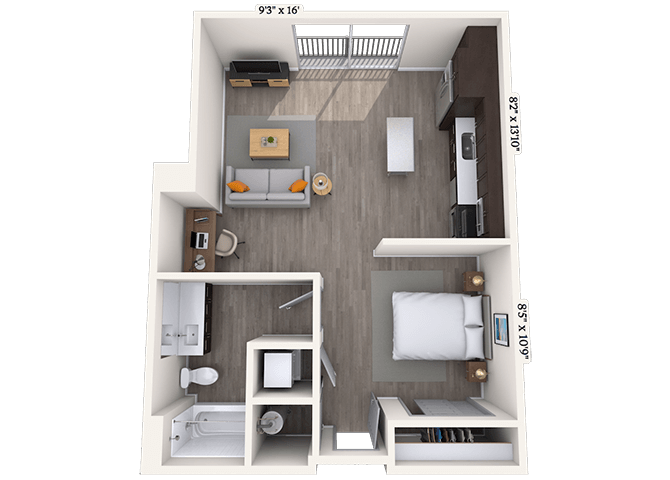 Floor plan for studio, 1 bath, 578 sqft