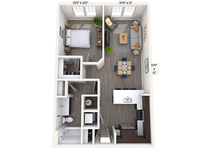 Floor plan for 1 bed, 1 bath, 700 sqft