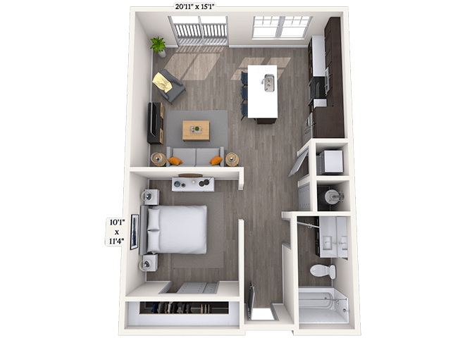 Floor plan for 1 bed, 1 bath, 846 sqft
