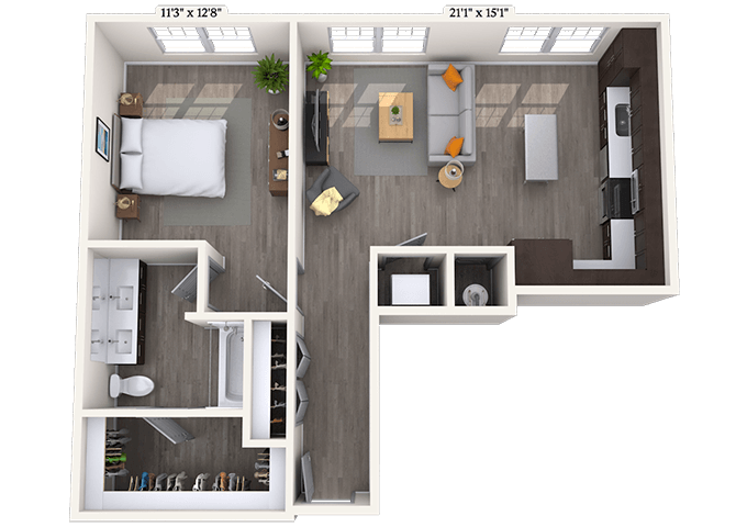 Floor plan for 1 bed, 1 bath, 738 sqft