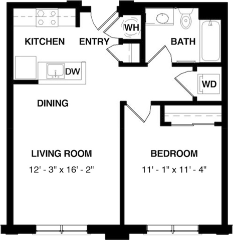 Floor plan for 1 bed, 1 bath, 633 sqft