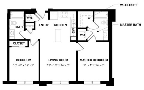 Floor plan for 2 beds, 2 baths, 915 sqft