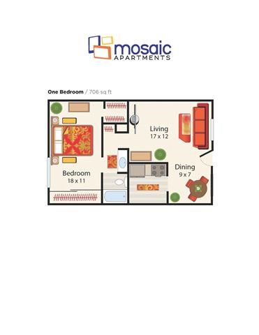 Floor plan for 1 bed, 1 bath, 706 sqft
