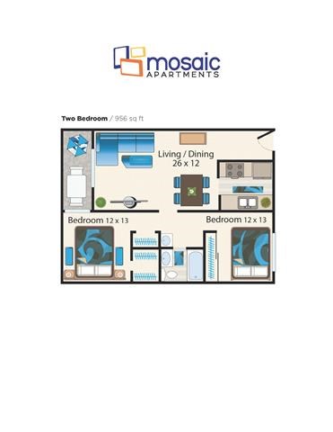 Floor plan for 2 beds, 1 bath, 956 sqft
