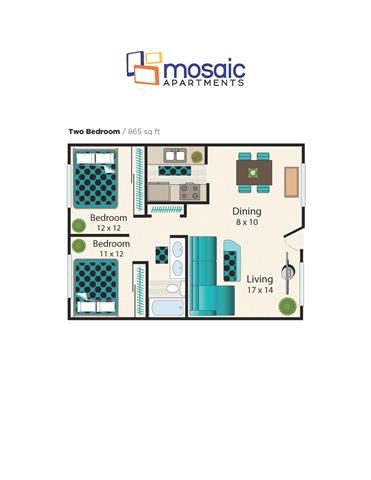 Floor plan for 2 beds, 1 bath, 865 sqft