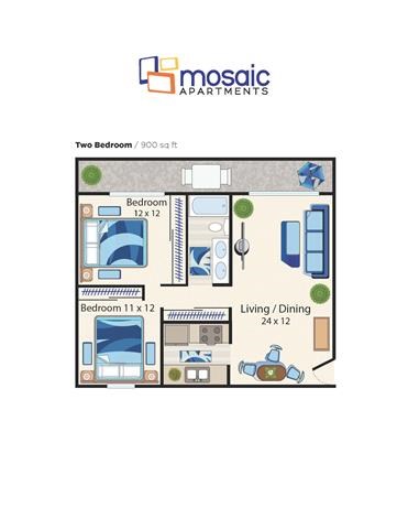 Floor plan for 2 beds, 1 bath, 900 sqft
