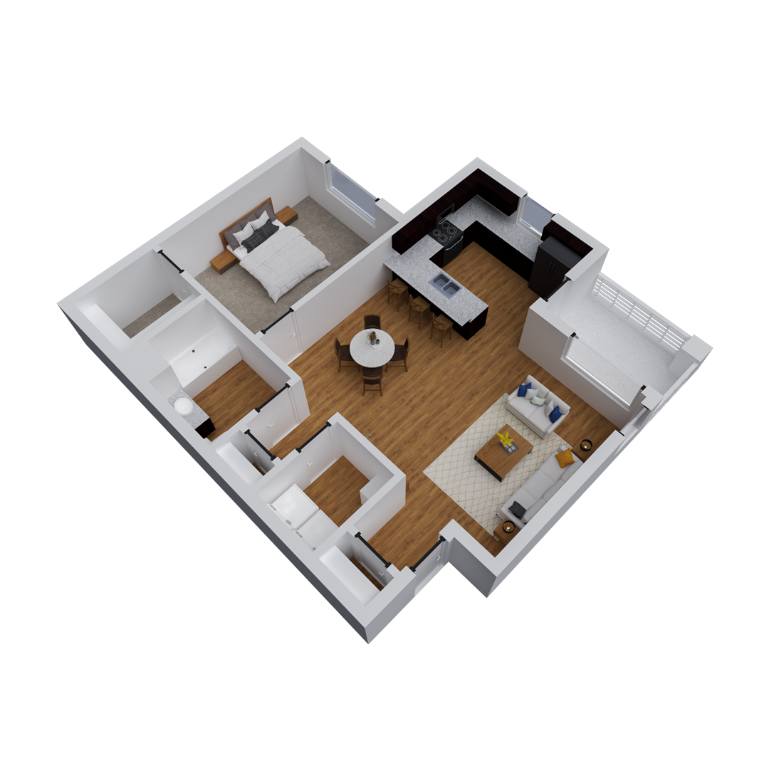 Floor plan for 1 bed, 1 bath, 740 sqft
