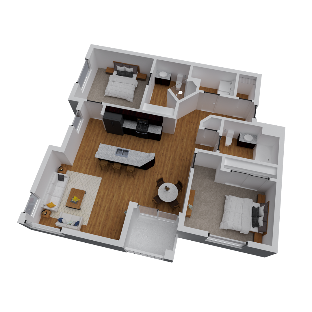 Floor plan for 2 beds, 2 baths, 982 sqft