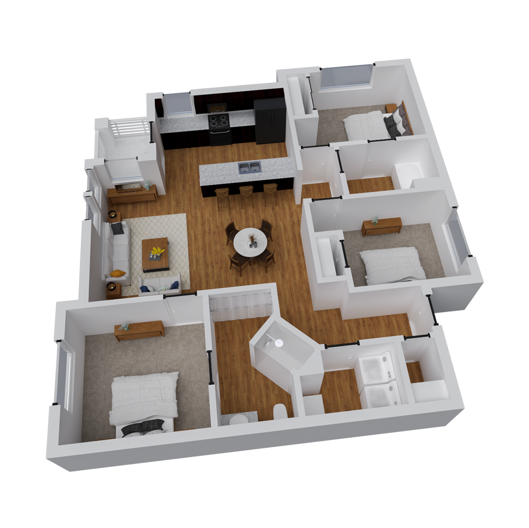Floor plan for 3 beds, 2 baths, 1087 sqft