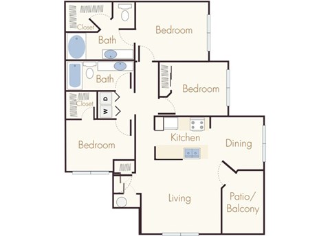 Floor plan for 3 beds, 2 baths, 1370 sqft
