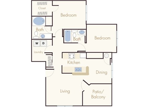 Floor plan for 2 beds, 2 baths, 1102 sqft
