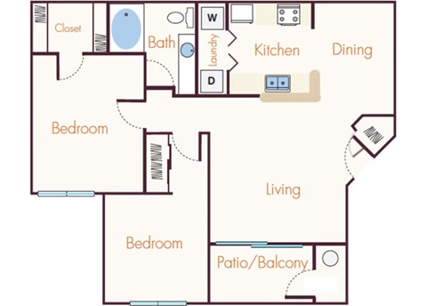 Floor plan for 2 beds, 1 bath, 920 sqft