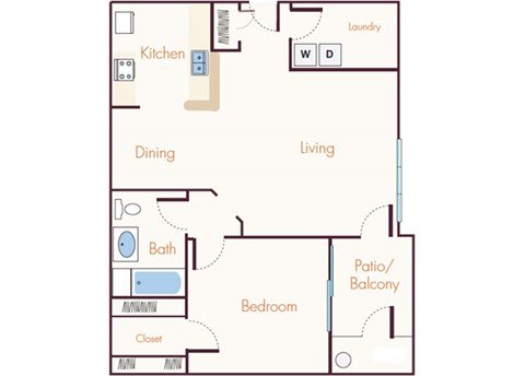 Floor plan for 1 bed, 1 bath, 802 sqft