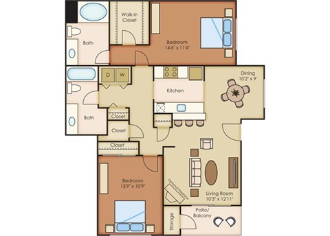 Floor plan for 2 beds, 2 baths, 1067 sqft